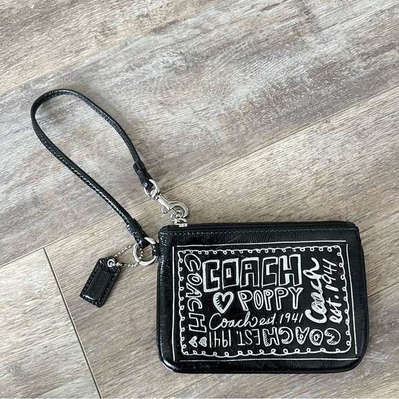 Like New! Coach Poppy Silver & Black Patent Leather Mini Wristlet - Picture 7 of 7